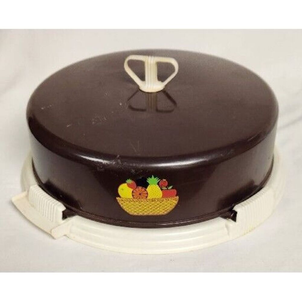 Vintage Locklift Cake‎ Carrier Art Deco Brown & White Plastic Server  USA Made!